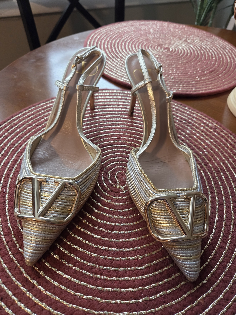 Valentino Garavani Metallic Gold Pointed Slingback Pumps with V Logo